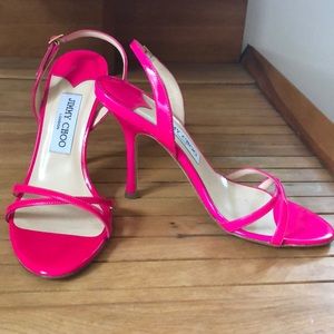 Jimmy Choo Jasmin Pink Neon Patent Strappy Sandals